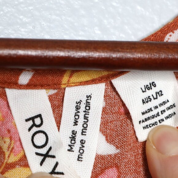 ROXY Floral Short Romper Brown/Orange Pink Tie Bust Long Sleeve Keyhole Back - Picture 4 of 11